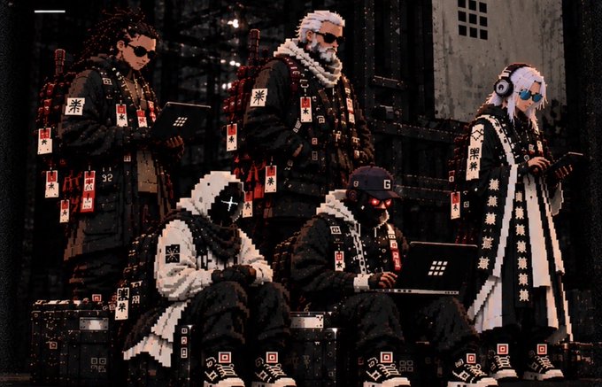 Five individuals in dark tactical clothing adorned with hanging tags featuring Japanese text (罪 meaning 'sin/crime') pose with laptops in a dystopian urban setting.