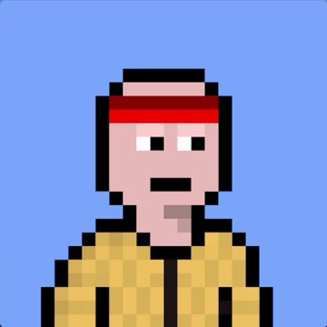 A low-resolution pixel art character with a peach-colored face, red headband, and yellow plaid jacket stands against a solid blue background.
