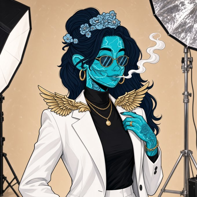 An illustrated character with blue skin, dark wavy hair adorned with blue roses, wearing sunglasses, a white blazer with golden wings on the shoulders, and smoking, photographed in a studio setting with lighting equipment visible.