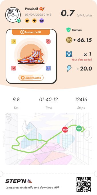 STEP'N move-to-earn app screenshot showing a Parabell sneaker (Trainer Lv30) with 0.7 GMT/Min earnings, +66.15 GST, and stats including 9.8 Km, 01:40:12 Time, and 12416 Steps.
