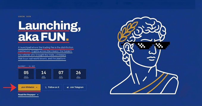 A 'Launching, aka FUN' launchpad announcement featuring a countdown of 5 days, 14 hours, 7 minutes, and 26 seconds, alongside a line-art illustration of a Greek bust wearing pixelated sunglasses.
