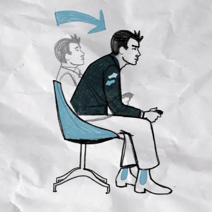 A hand-drawn illustration on crumpled white paper depicting a man in a black sweater and light pants sitting on a blue chair, with an arrow pointing toward him and a faded background figure.