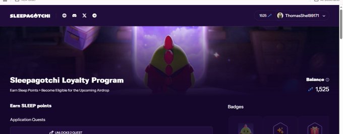 A screenshot of the "SLEEPAGOTCHI" website displays a "Sleepagotchi Loyalty Program" page featuring a purple-hooded character, with navigation icons and a balance of 1,525 SLEEP points in the upper right corner.