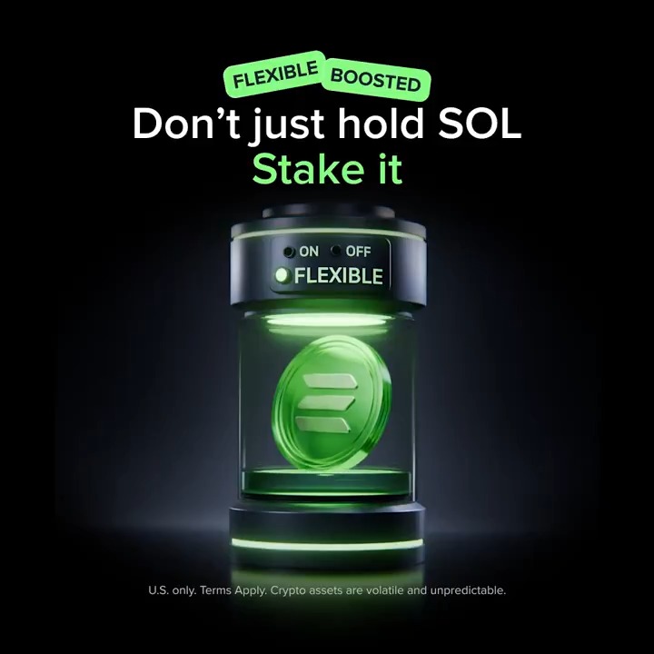 A promotional Uphold ad featuring a glowing green SOL coin encased in a futuristic pod with a toggle set to "FLEXIBLE," under the headline "Don't just hold SOL, Stake it" with "FLEXIBLE" and "BOOSTED" tags highlighting the two Solana staking options described in the post.