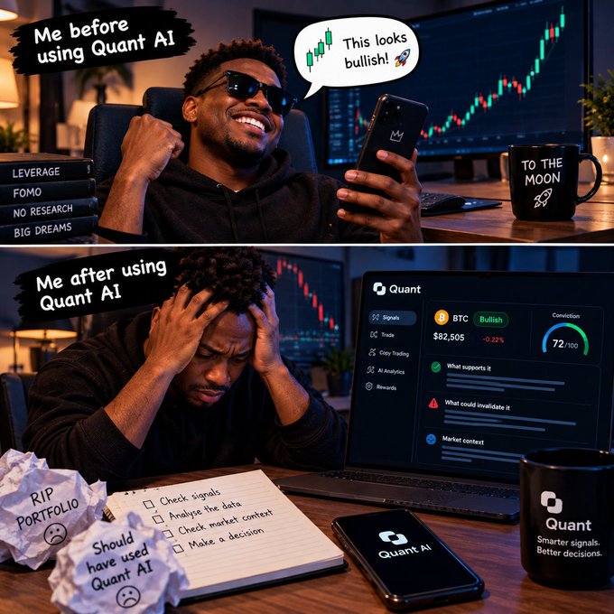A two-panel meme about cryptocurrency trading: "Me before using Quant AI" showing an excited man, and "Me after using Quant AI" showing the same man distressed with a monitor displaying BTC bullish signals at $82,505.