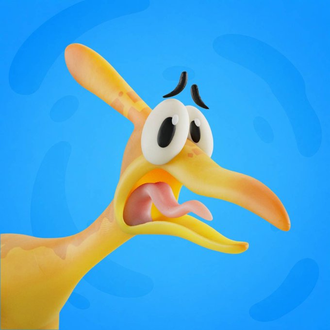 A 3D-rendered cartoon illustration of a shocked yellow giraffe-like character with wide eyes and a lolling tongue against a blue background.