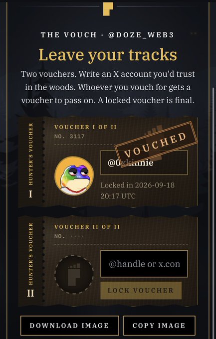 A web3 'Vouch' interface from @doze_web3 displaying a locked voucher (@OoLinnie) for 'THE VOUCH' system, with options to download/copy image and lock a second voucher.
