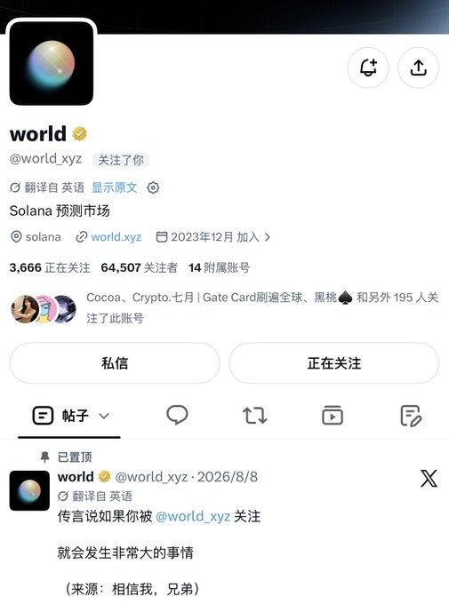 The image shows a Twitter/X profile for "world" (@world_xyz), a Solana prediction market account with 64,507 followers, displaying a pinned tweet dated 2026/8/8 that reads "传说说如果你被@world_xyz 关注 就会发生非常大的事情 (来源: 相信我，兄弟)" (Translation: "Legend says if you get followed by @world_xyz, something very big will happen. Source: trust me, brother"). The humorous post relates to the caption by joking that being noticed by this account means the user's project is about to experience massive success.