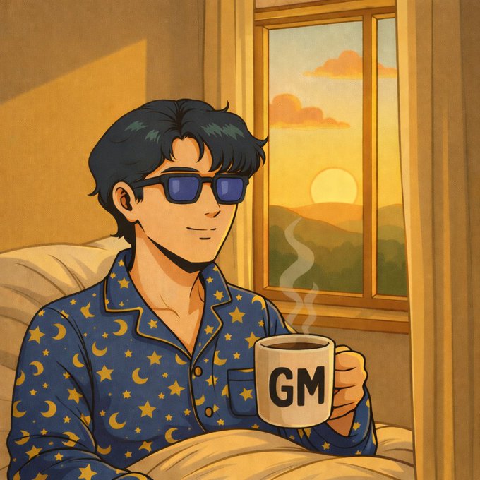 An anime-style illustration of a young man wearing sunglasses and moon-and-star patterned pajamas, holding a 'GM' coffee mug while sitting in bed with a sunset visible through the window behind him.