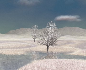 A surreal winter landscape with a frost-covered tree in the foreground, snow-covered hills, and snow-dusted mountains under a deep blue sky.