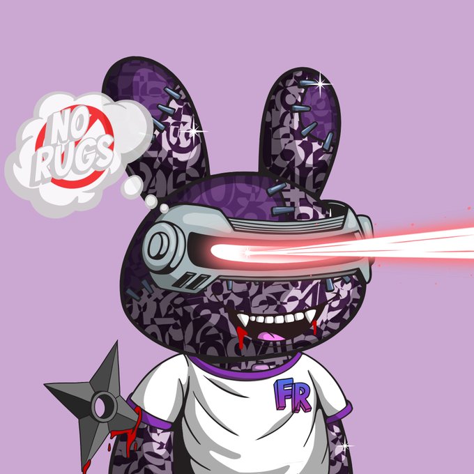 A cartoon-style illustration of a purple, stitched rabbit-like character wearing VR goggles that shoot red lasers, with a thought bubble reading 'NO RUGS' and wearing a shirt with 'FR' on it.
