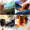 The image features four different paintings of abstract art displayed side by side. Each painting has a unique color scheme and style, showcasing various shades of blue, green, red, and brown. The artwork is presented in a square format with each painting occupying its own space on the wall. The colors used in these paintings are vibrant and eye-catching, making them stand out against one another. The arrangement of the paintings creates an interesting visual effect as they blend together to form a cohesive display.