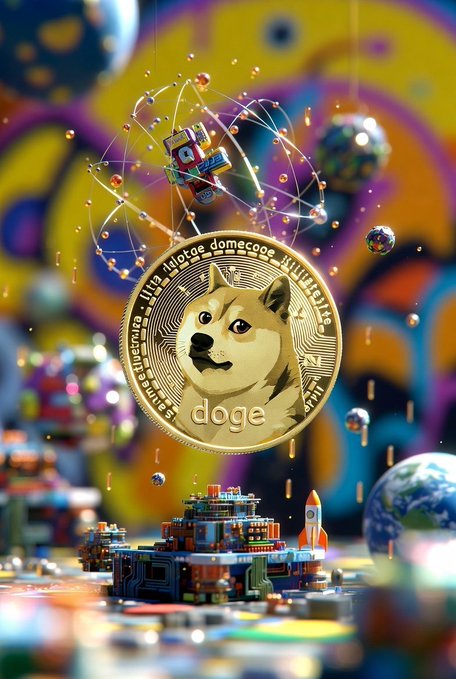 A colorful 3D render featuring a Dogecoin (DOGE) commemorative coin surrounded by atomic structures, floating Lego pieces, and rockets against a vibrant graffiti background.