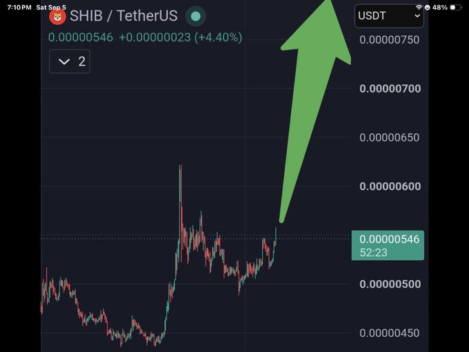 A cryptocurrency chart showing SHIB/TetherUS at 0.00000546, up 4.40% (+0.00000023), with a large green arrow pointing upward indicating a bullish trend.