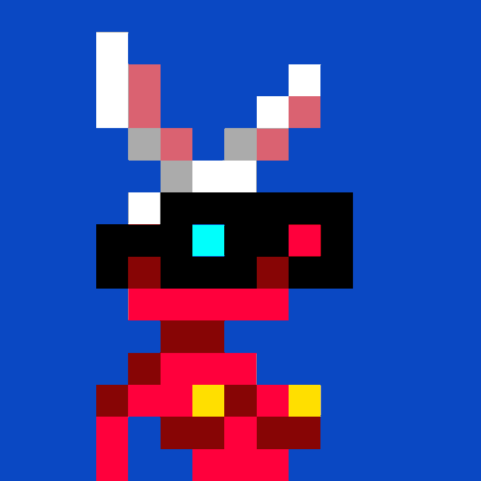 A pixel art character with a horned helmet, black mask with glowing cyan and pink eyes, and red/pink outfit stands against a solid blue background.