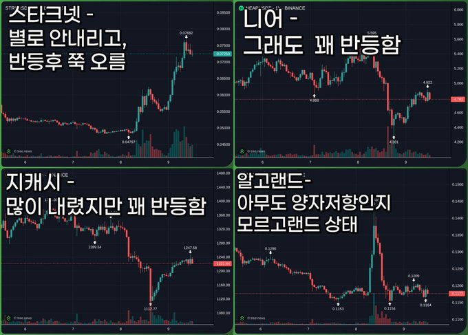 A screenshot of four cryptocurrency candlestick charts from Binance, featuring tickers STRK/USDC, NEAR/USDT, CHZ/USDT, and ALGO/USDT, each annotated with Korean text commenting on the market action, such as "별로 안내리고, 반등후 쭉 오름" for STRK and "지켜시 - 많이 내려졌지만 꽤 반등함" for CHZ.