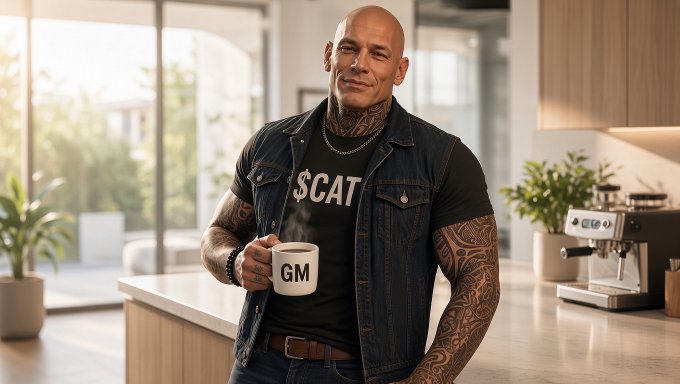 An AI-generated image of a muscular, bald, tattooed man in a kitchen wearing a denim vest over a black shirt with '$CAT' text, holding a white mug labeled 'GM'.
