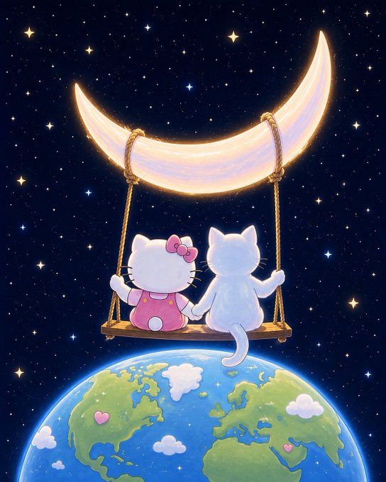 A whimsical digital illustration of Hello Kitty and a white cat sitting together on a swing hanging from a glowing crescent moon, floating above Earth against a starry night sky.