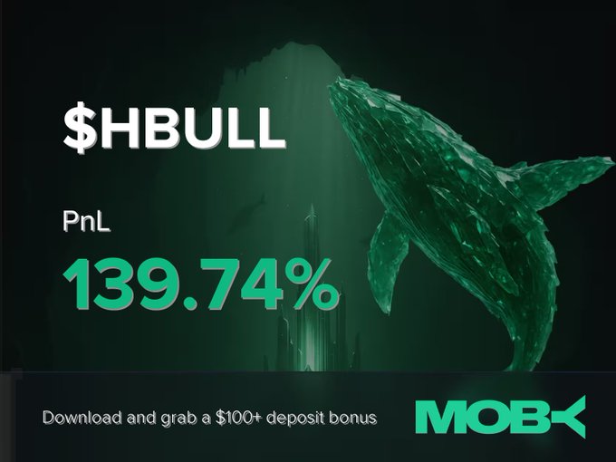An underwater-themed promo graphic for Moby features a large whale shark alongside text displaying a PnL of 139.74% on a $HBULL position. The post highlights a trader who closed $HBULL with +139.74% profit, noting the token's rise from $321.45K to $2.8M market cap.