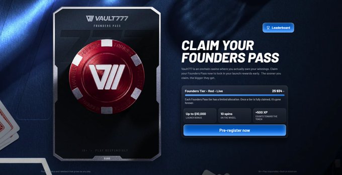 A promotional screen for Vault777 displays a red casino chip with the "V777" logo alongside a "CLAIM YOUR FOUNDERS PASS" heading, highlighting a "Founders Tier - Red - Live" reward (25,934 claimed) that offers up to $10,000 in launch bonuses, 10 spins on the wheel, and +500 XP toward the TGE, with a "Pre-register now" button matching the post's call to claim the onchain casino's pass on Arbitrum.