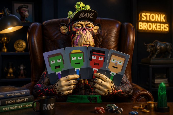 A Bored Ape (BAYC) NFT character wearing a hat with green mushrooms, holding four cards with pixel art characters, seated in a chair next to a 'STONK BROKERS' neon sign.