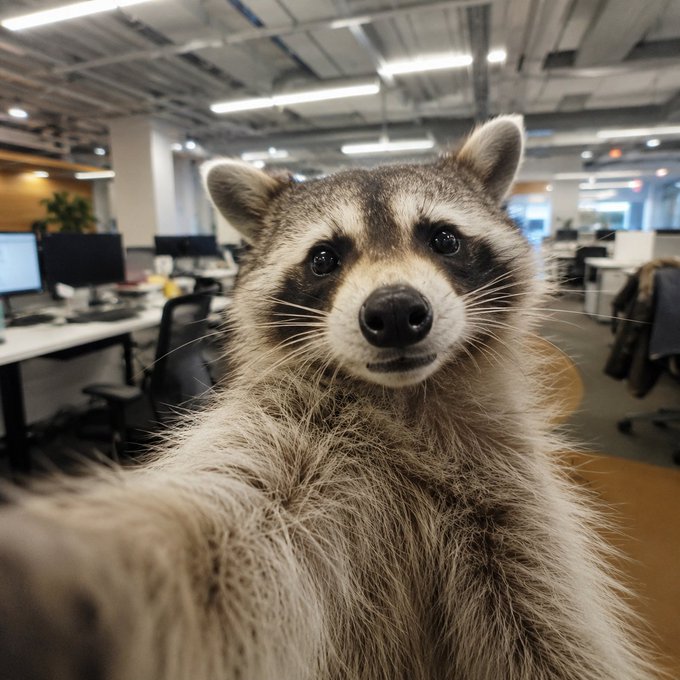 A raccoon takes a close-up selfie in a modern office space, seemingly pointing its outstretched paw at the camera as if introducing itself to viewers. The mischievous "trash panda" pose playfully mirrors the post's humorous tone about scavenging leftover pizza and inviting connections.