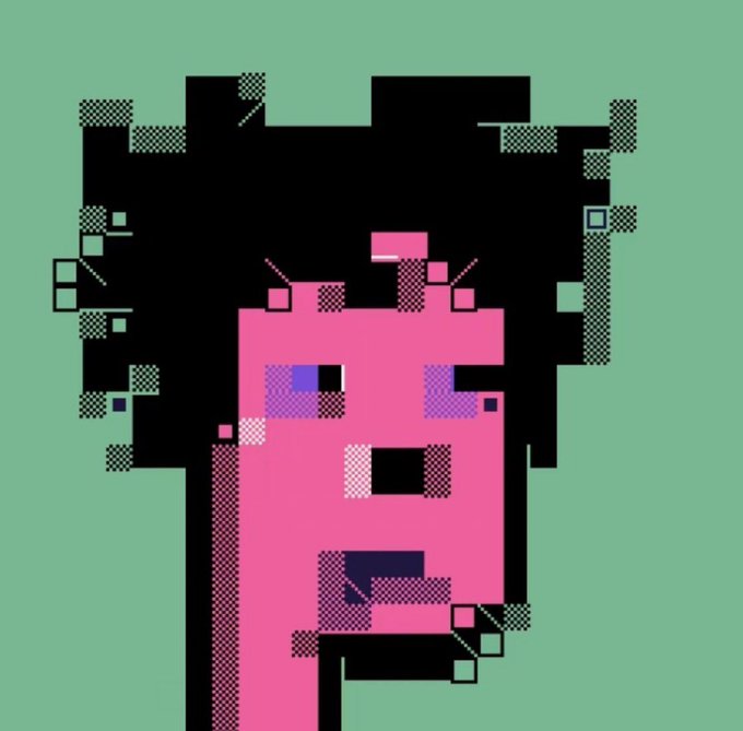 Pixel art portrait of a pink-skinned character with messy black hair against a green background, featuring glitchy dotted patterns and geometric shapes.