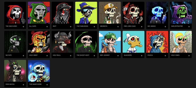 A grid of 18 colorful skull NFT character portraits with names like "THE ONE IN RED," "ALL CAPS," "RIOT," "THE FARM BOSS," "SKELESTRATOR," and "HOLY BULL" displayed beneath each avatar, showcasing the diverse creative designs minted by Holy Buns holders. The varied skull-themed artwork visually represents the post's message about different artistic visions coming together within a single community project.