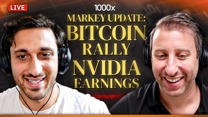 A "LIVE" thumbnail for a "1000x" YouTube show titled "MARKET UPDATE: BITCOIN RALLY NVIDIA EARNINGS" featuring two smiling men wearing headphones.