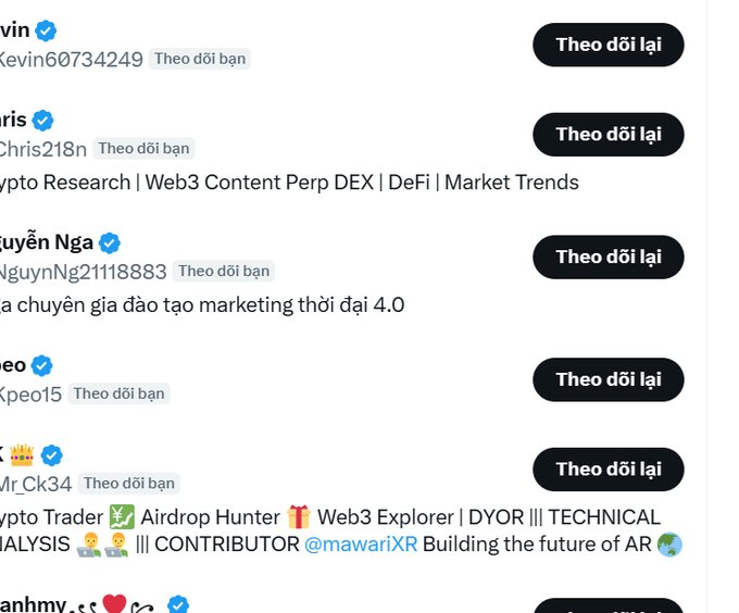 A screenshot of social media or platform follow suggestions in Vietnamese, showing user profiles like Kevin60734249, Chris218n, NguyNg21118883, Xpeo15, and Mr.Ck34 with 'Theo dõi lại' (Follow back) buttons. Bios mention crypto research, Web3, DeFi, content, marketing, airdrop hunting, and technical analysis.
