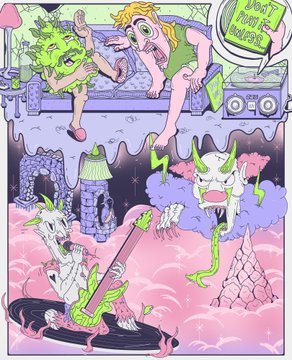 A cartoon illustration of two girls, one green and one blonde, sitting on a rooftop while monster-like creatures emerge from a pink cloud below, with a speech bubble reading 'WHAT ABOUT THE MACHINE?'