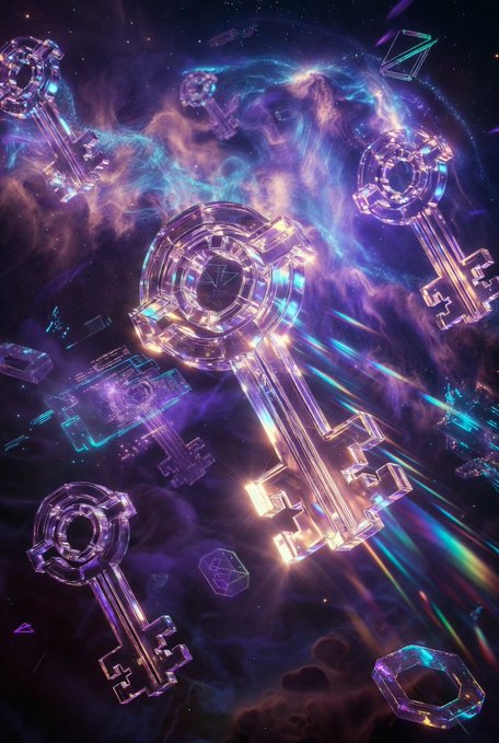 The image features a collection of 120 crystal keys, each with its own unique design, floating in space against a backdrop of purple clouds. The keys are scattered throughout the scene, some closer together while others are more spread out. The keys appear to be floating or hovering above the viewer's head, creating an otherworldly and surreal atmosphere. The image also contains text that reads "Nucleus has released 120 Eigen Keys as a Mint Whitelist for the rare Quantum Echo NFTs". This suggests that these keys may hold some sort of significance in the world of digital art or perhaps represent a specific type of key, such as those used in the realm of quantum computing.