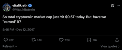 A social media post from hilab.eth states: “So total crypto market cap just hit $0.5T today. But how we ‘earned’ it?”