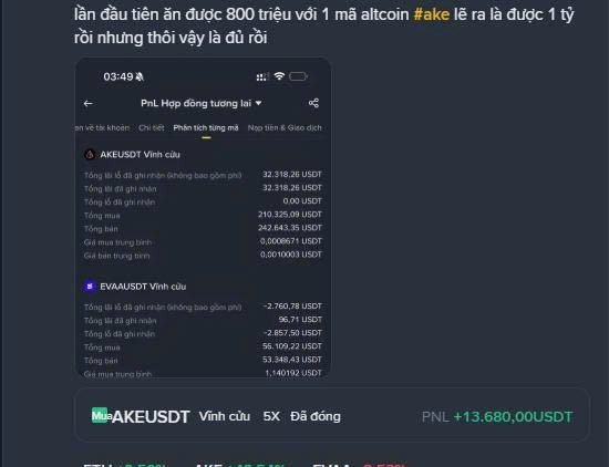 A screenshot of trading results showing PNL figures, including 'AKEUSDT Vĩnh cửu' and 'EVAUSDT Vĩnh cửu' positions, with a caption in Vietnamese about making 800 million on an altcoin.