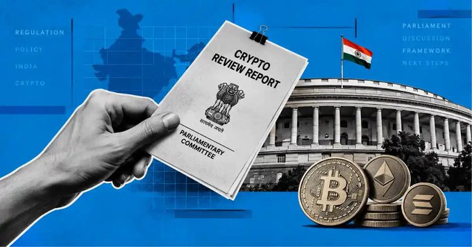 A hand displays a "Crypto Review Report" from India's Parliamentary Committee in front of the Indian Parliament building, alongside images of Bitcoin, Ethereum, and Solana coins, visually representing the ongoing governmental review of cryptocurrency regulation in India.