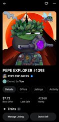 The image shows an NFT marketplace listing for "Pepe Explorer #1398" from the Pepe Explorers collection, priced at $7.72, owned by a user with a 0.15% rarity ranking. It depicts a cartoon-style character wearing a spiked helmet, providing a visual example of one of the 10,000 collectible items referenced in the post about the collection.