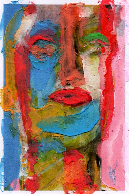 An abstract painted portrait of a face rendered in thick, textured strokes of red, blue, yellow, and green paint.