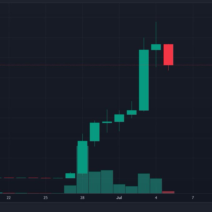 A candlestick price chart showing a cryptocurrency's sharp rally from around June 25 to peak near July 4, followed by a red sell-off candle, with visible x-axis dates (22, 25, 28, Jul, 4, 7) and volume bars below—illustrating the volatile boom-and-bust pattern referenced in the post's concern about $ANSEM ("meme idol") likely returning to its starting point by 99%.