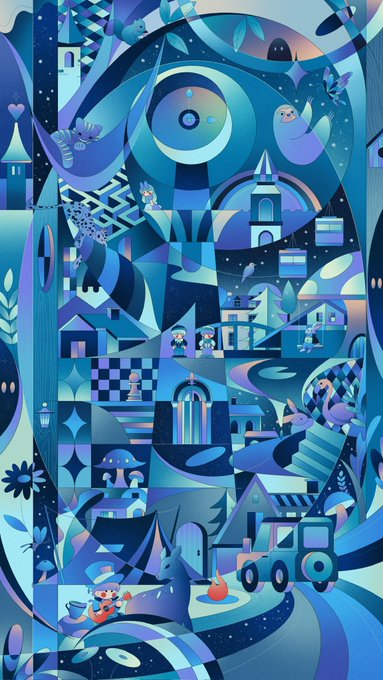 A colorful blue-toned abstract illustration featuring various stylized elements including characters, buildings, an eye motif, a tractor, and whimsical creatures in a dreamlike fantasy scene.