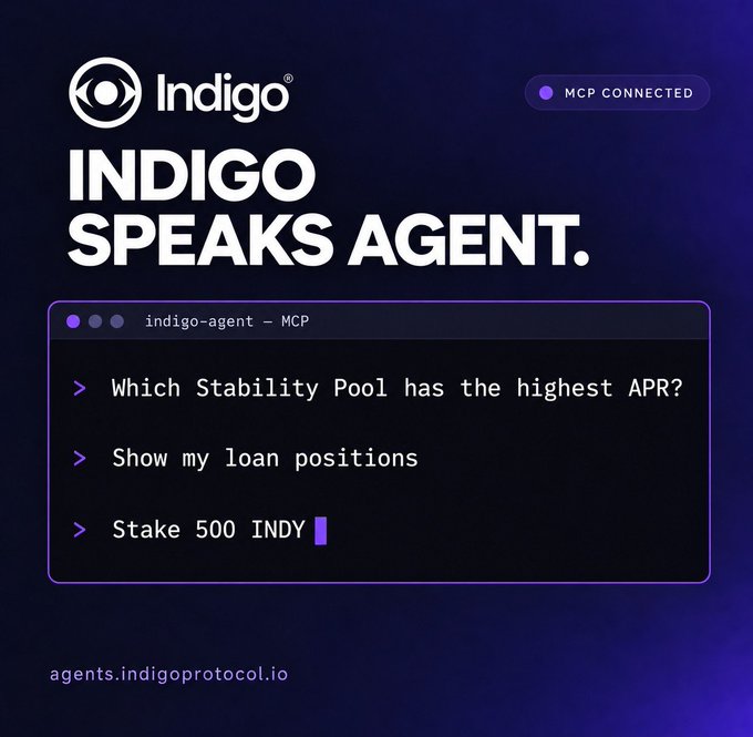 A promotional graphic for "Indigo" featuring the tagline "INDIGO SPEAKS AGENT." and an "MCP CONNECTED" badge, displaying example commands like "Which Stability Pool has the highest APR?" and "Stake 500 INDY" at agents.indigoprotocol.io.