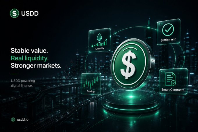 A promotional graphic for USDD stablecoin with the tagline 'Stable value. Real liquidity. Stronger markets.' highlighting features like Liquidity, Trading, Settlement, and Smart Contracts at usdd.io.