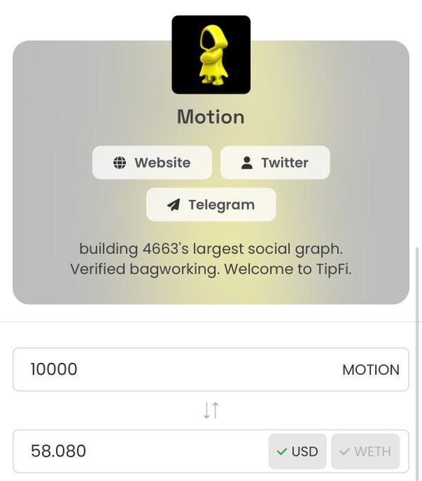 A Tip.Fi profile card for 'Motion' featuring a yellow hooded figure avatar, social links to Website, Twitter, and Telegram, and a token swap interface showing 10000 MOTION converting to 58.080 USD/WETH.