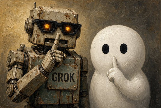 A painting depicting a rusty robot labeled 'GROK' with glowing orange eyes making a shushing gesture next to a white ghost-like figure also making a shushing gesture.