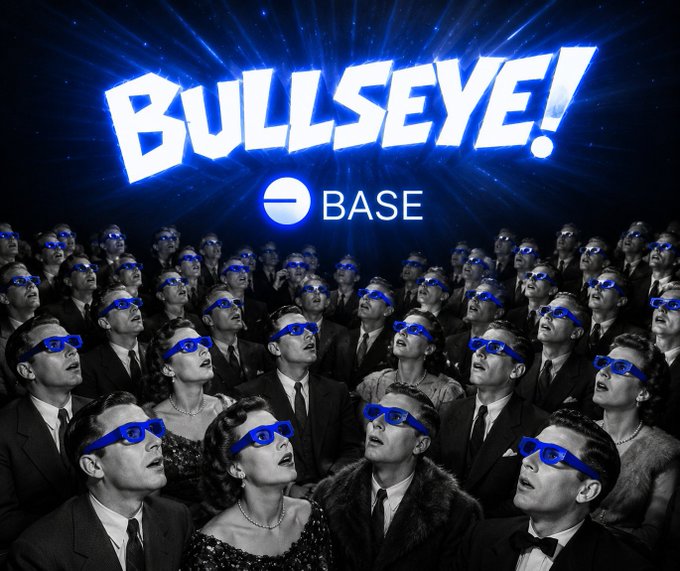 A vintage-style black and white image of a theater audience wearing blue 3D glasses, with the bold text "BULLSEYE!" and "BASE" overlaid.