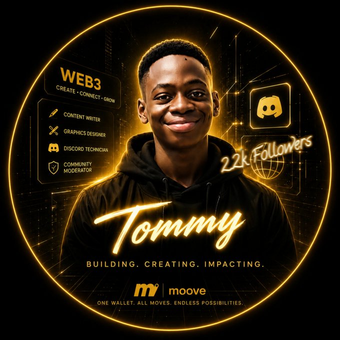 A promotional graphic celebrating "Tommy" for reaching 22k followers and his role as a moove (moovexyz) Ambassador, highlighting his skills in content writing, graphics design, Discord technician work, and community moderation under a "Web3: Create, Connect, Grow" banner with the tagline "Building. Creating. Impacting."