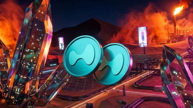 The image features two teal Hyperliquid (HYPE) tokens prominently displayed against a dramatic desert scene with crystalline structures, fiery skies, and what appears to be an industrial flare in the background. It relates to the post discussing Hyperliquid's perpetual futures trading, highlighting a whale wallet's record-breaking $9 billion volume and the platform's trending status in crypto communities.