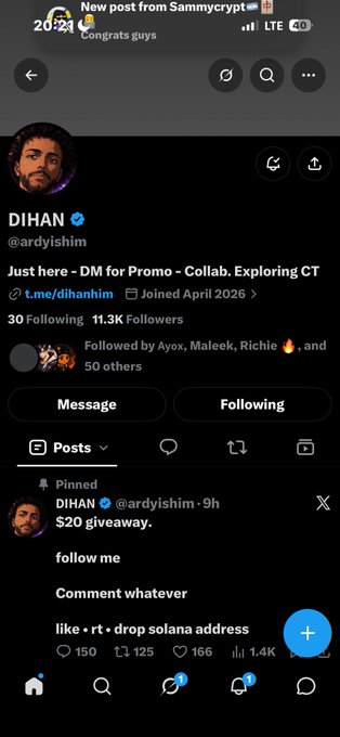 The image shows a Twitter/X profile of "DIHAN" (@ardyishim) with a pinned $20 giveaway post instructing users to follow, comment, like, retweet, and drop a Solana address. This appears to be a giveaway scam, as the accompanying post shares a suspicious Solana address (BakyXRTtW2cdivHrqoENQhSfaMjGLRgDudV8QSBGcKNf) which is likely being used to collect funds from victims who think they're receiving the giveaway reward.
