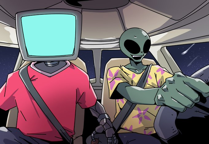 A digital illustration depicts a robot with a monitor head wearing a red shirt and a green alien in a Hawaiian shirt driving a car together, with the alien holding the steering wheel.