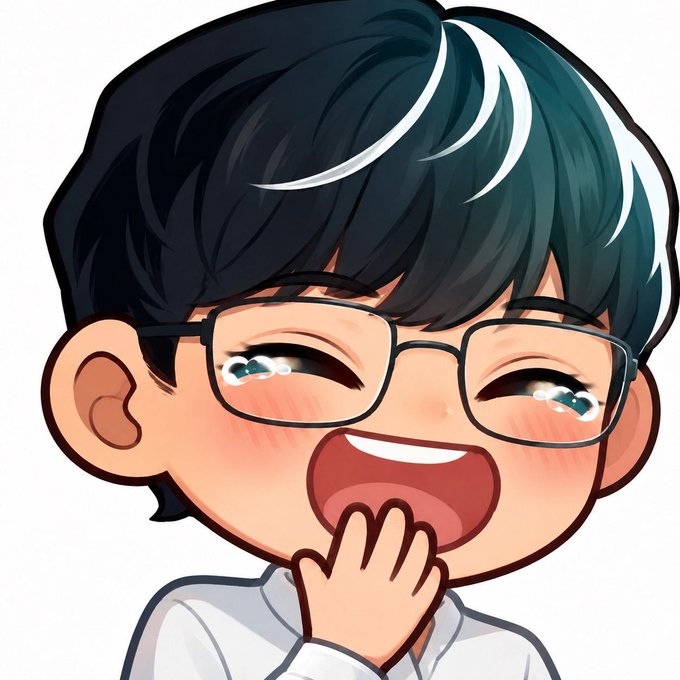 A cartoon-style illustration of a smiling, blushing person with dark hair and glasses, with a hand near their open mouth.