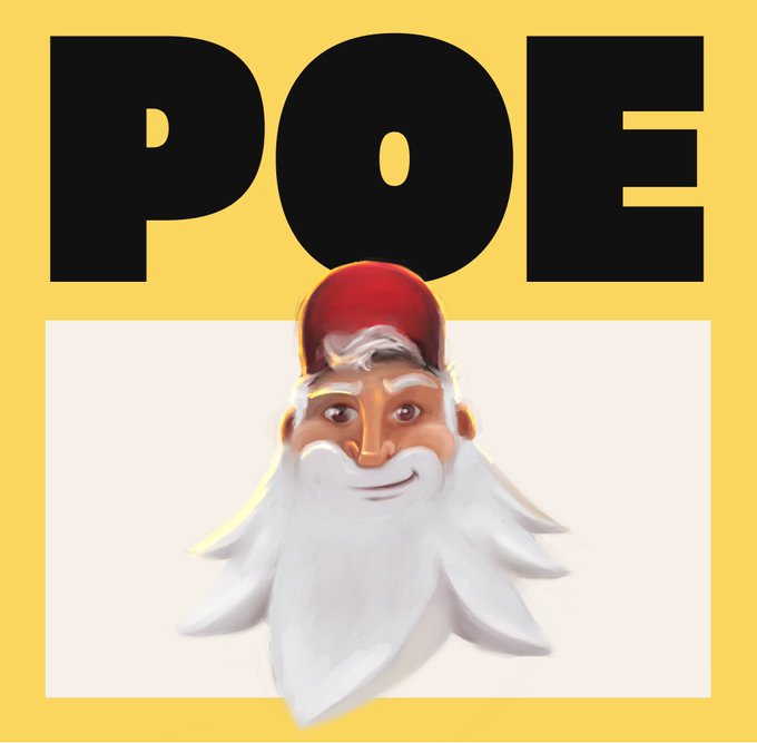 The image features bold black text spelling "POE" at the top against a yellow background, above a 3D-rendered cartoonish figure of a bearded elder wearing a red cap, visually representing the brand identity accompanying the post about public PropAMM as the next iteration in AMM development.